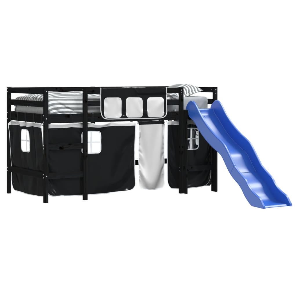 Kids' Loft Bed with Curtains without Mattress White&Black 80x200cm