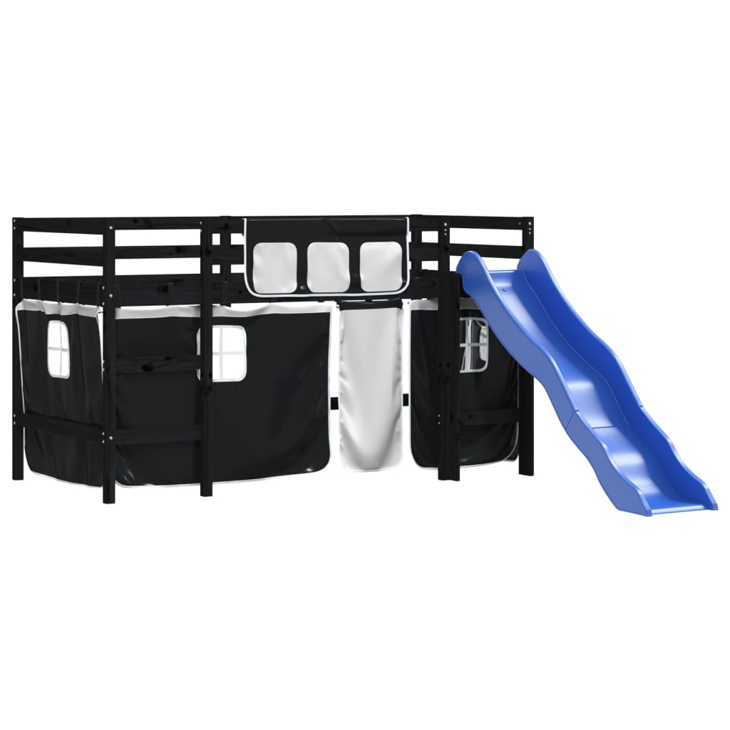 Kids' Loft Bed with Curtains without Mattress White&Black 80x200cm