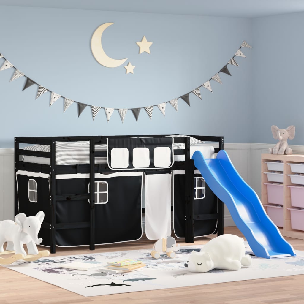 Kids' Loft Bed with Curtains without Mattress White&Black 80x200cm