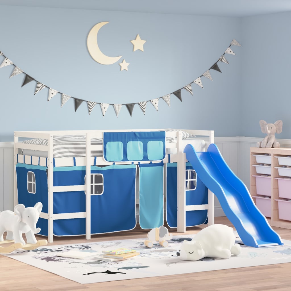 Kids' Loft Bed with Curtains without Mattress Blue 90x190 cm Single
