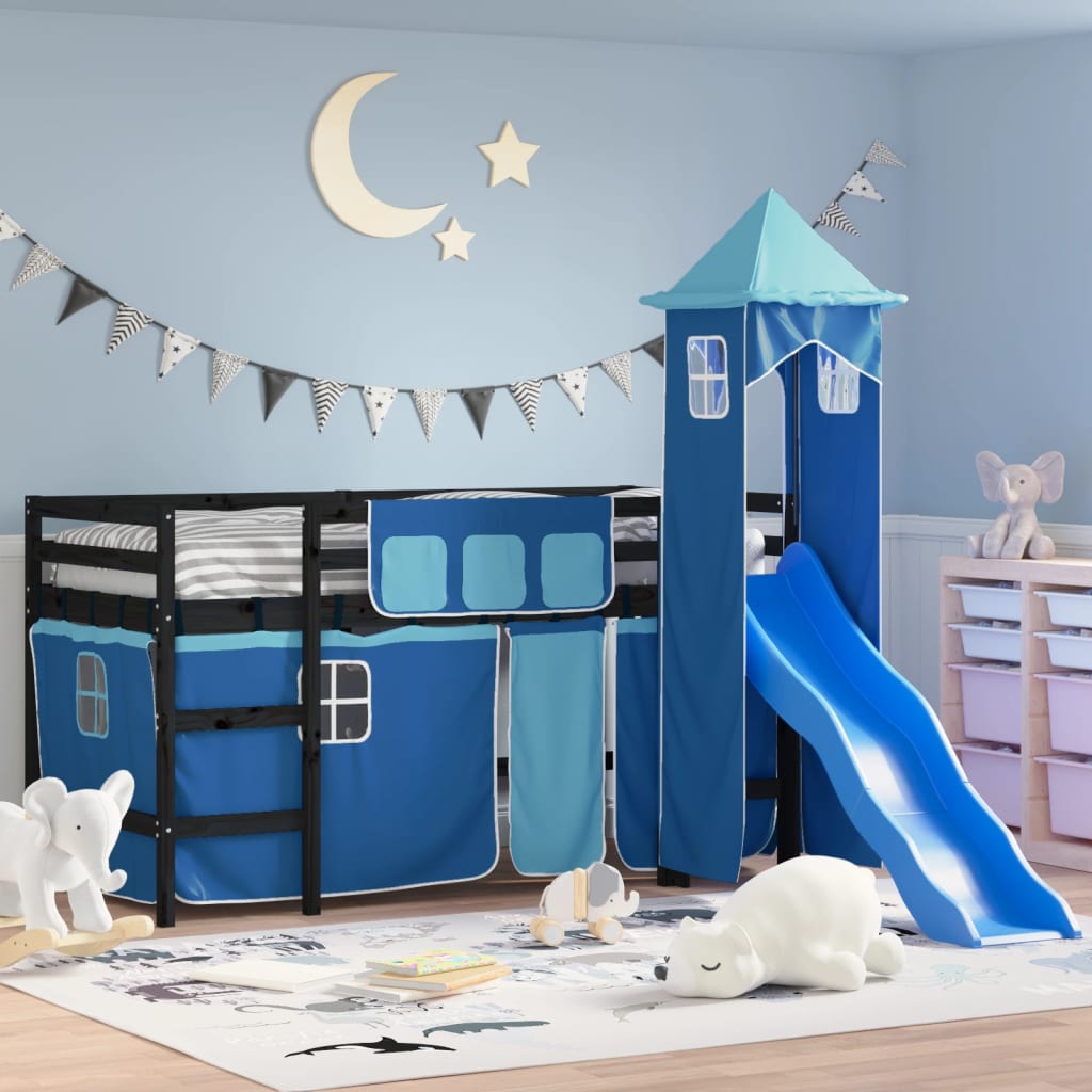 Kids' Loft Bed with Tower without Mattress Blue 80x200 cm