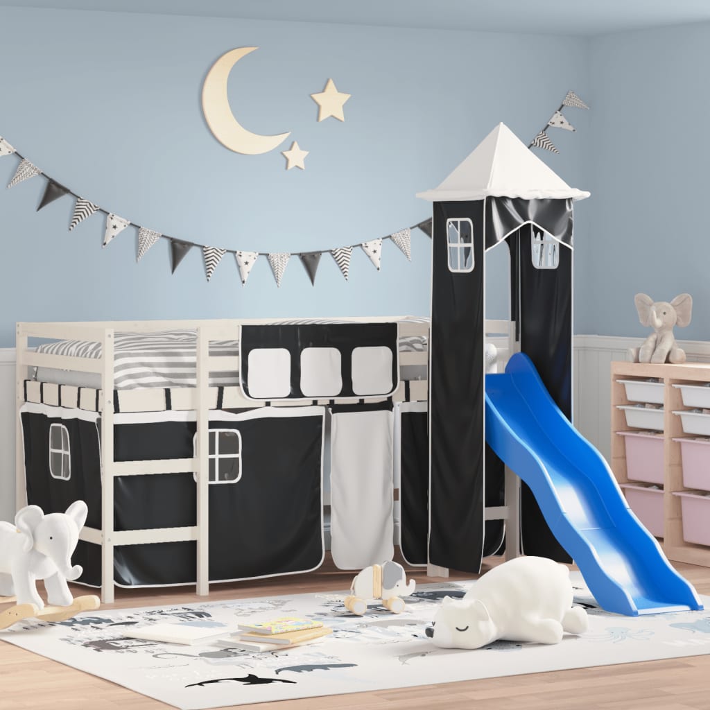Kids' Loft Bed with Tower without Mattress White&Black 90x190cm