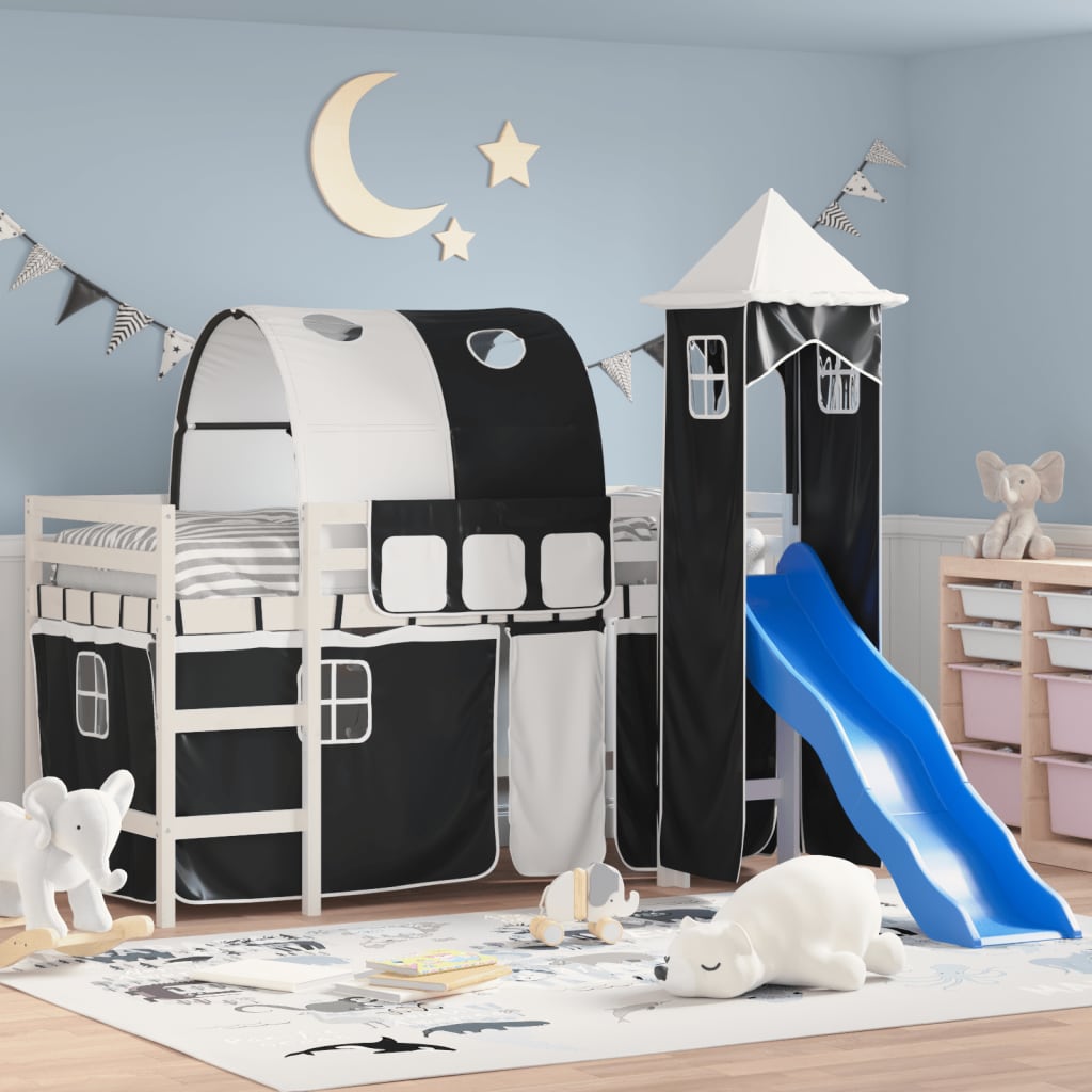 Kids' Loft Bed with Tower without Mattress White&Black 80x200cm
