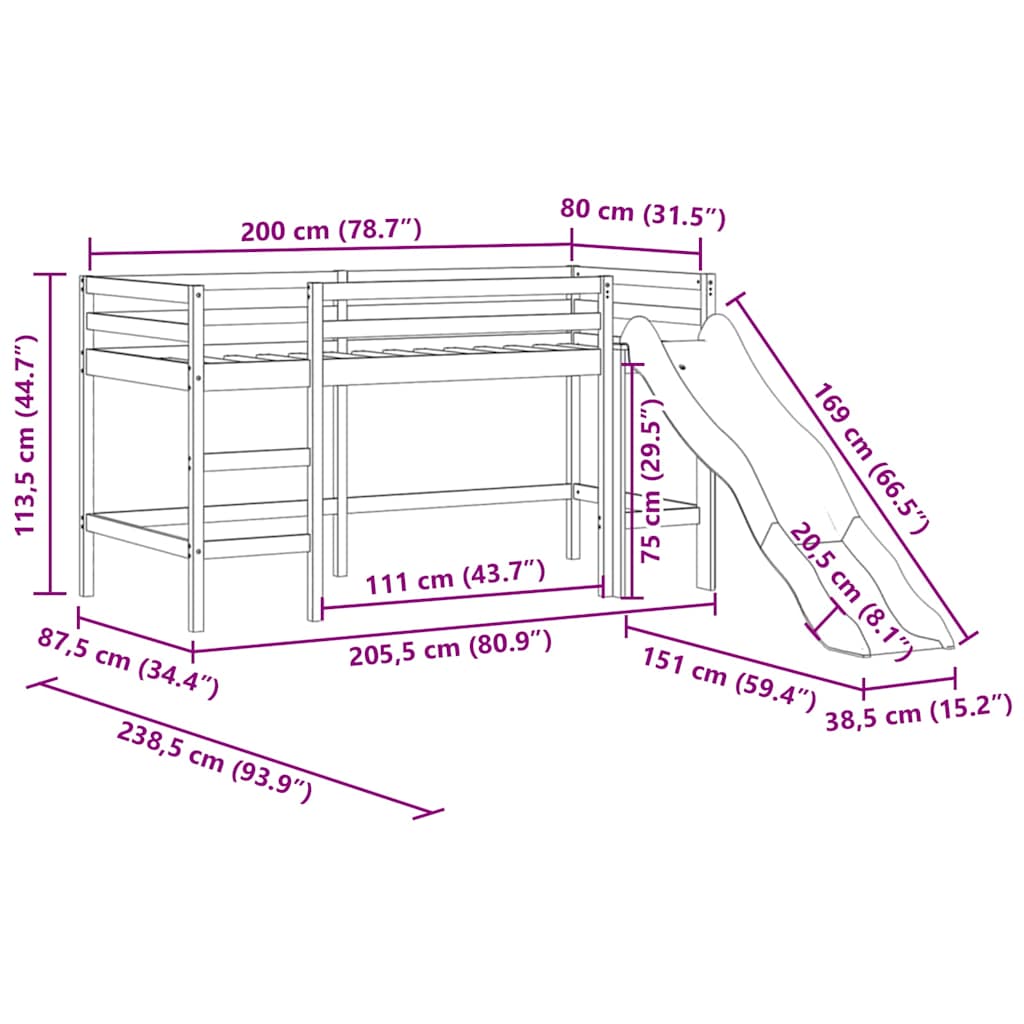 Kids' Loft Bed without Mattress with Slide White 80x200 cm