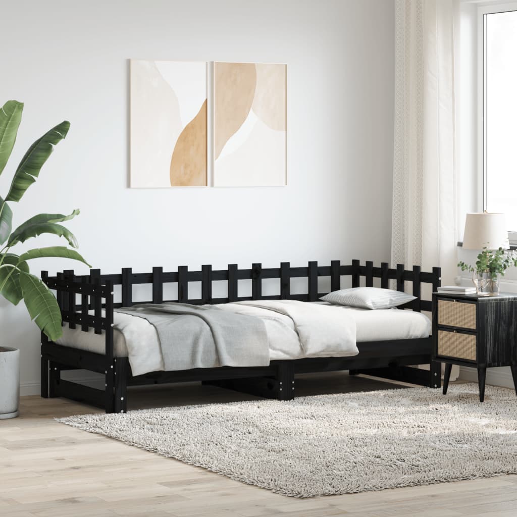 Pull-out Day Bed without Mattress Black 2x(80x200) cm Solid Wood