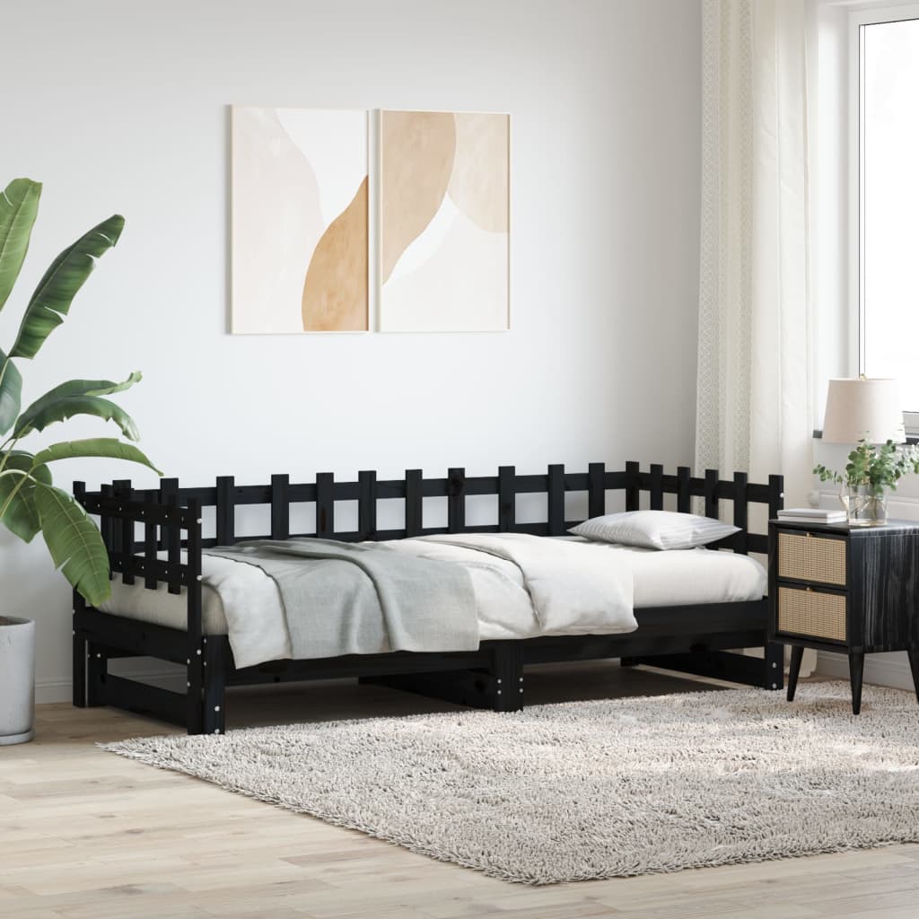 Pull-out Day Bed without Mattress Black 2x(90x190) cm Solid Wood