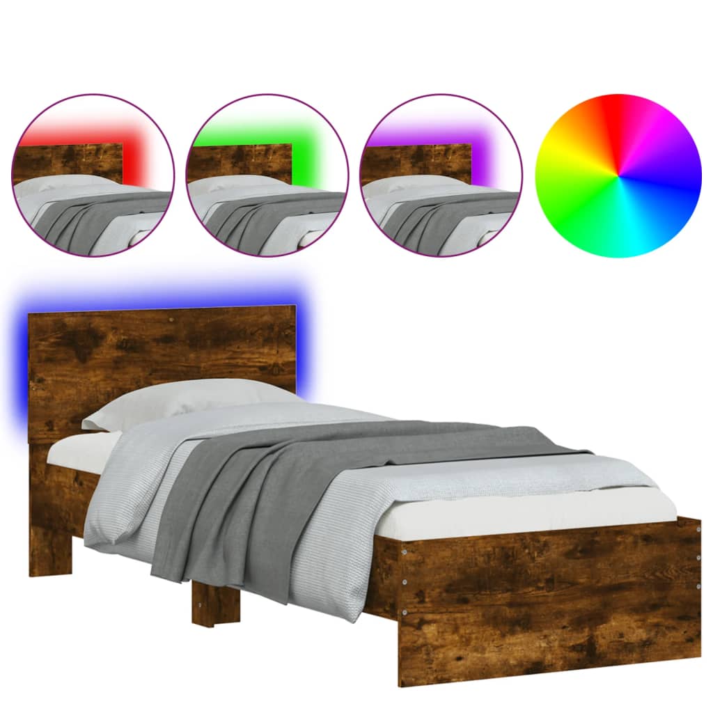 Bed Frame without Mattress with LED Lights Smoked Oak 75x190 cm Small Single
