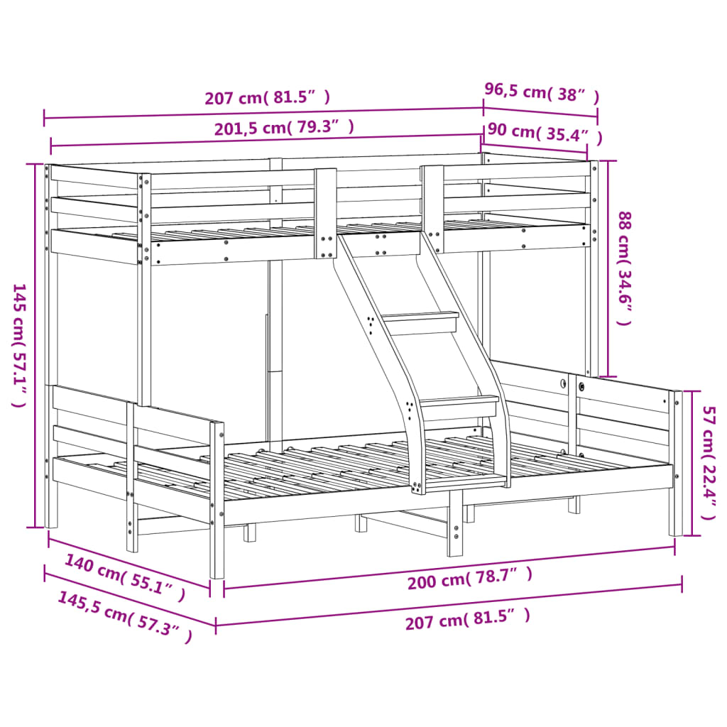 Bunk Bed without Mattress 90x200/140x200 cm White Solid Wood