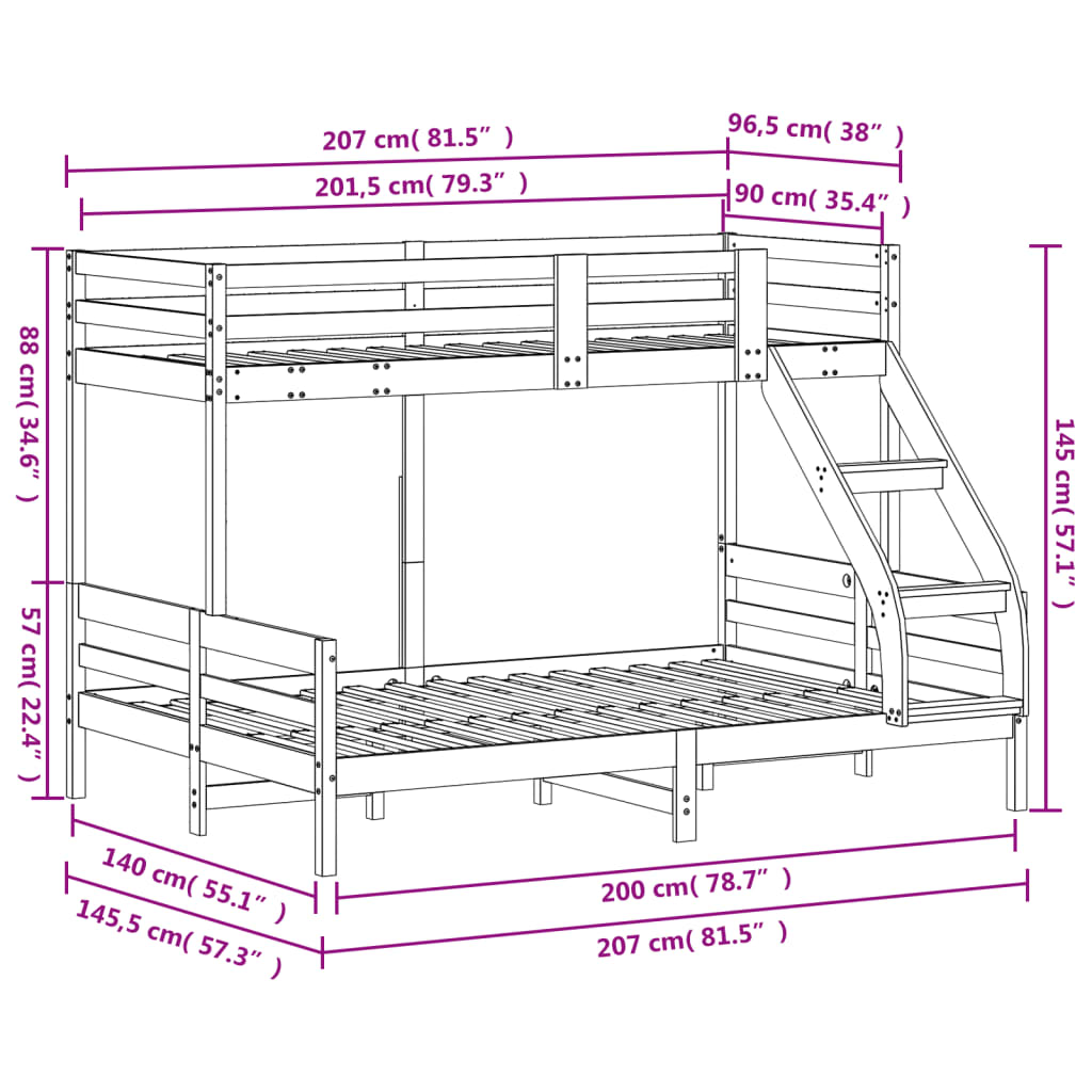 Bunk Bed without Mattress 90x200/140x200 cm Solid Wood