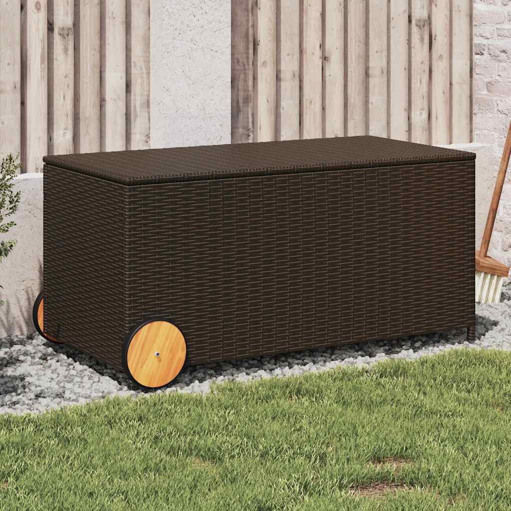 Garden Storage Box with Wheels Brown 190L Poly Rattan