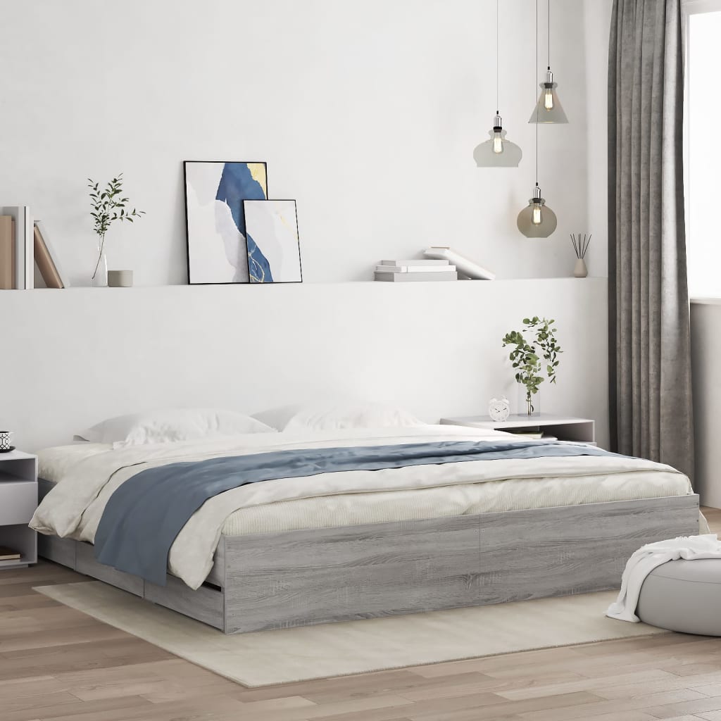 Bed Frame with Drawers without Mattress Grey Sonoma 180x200 cm Super King