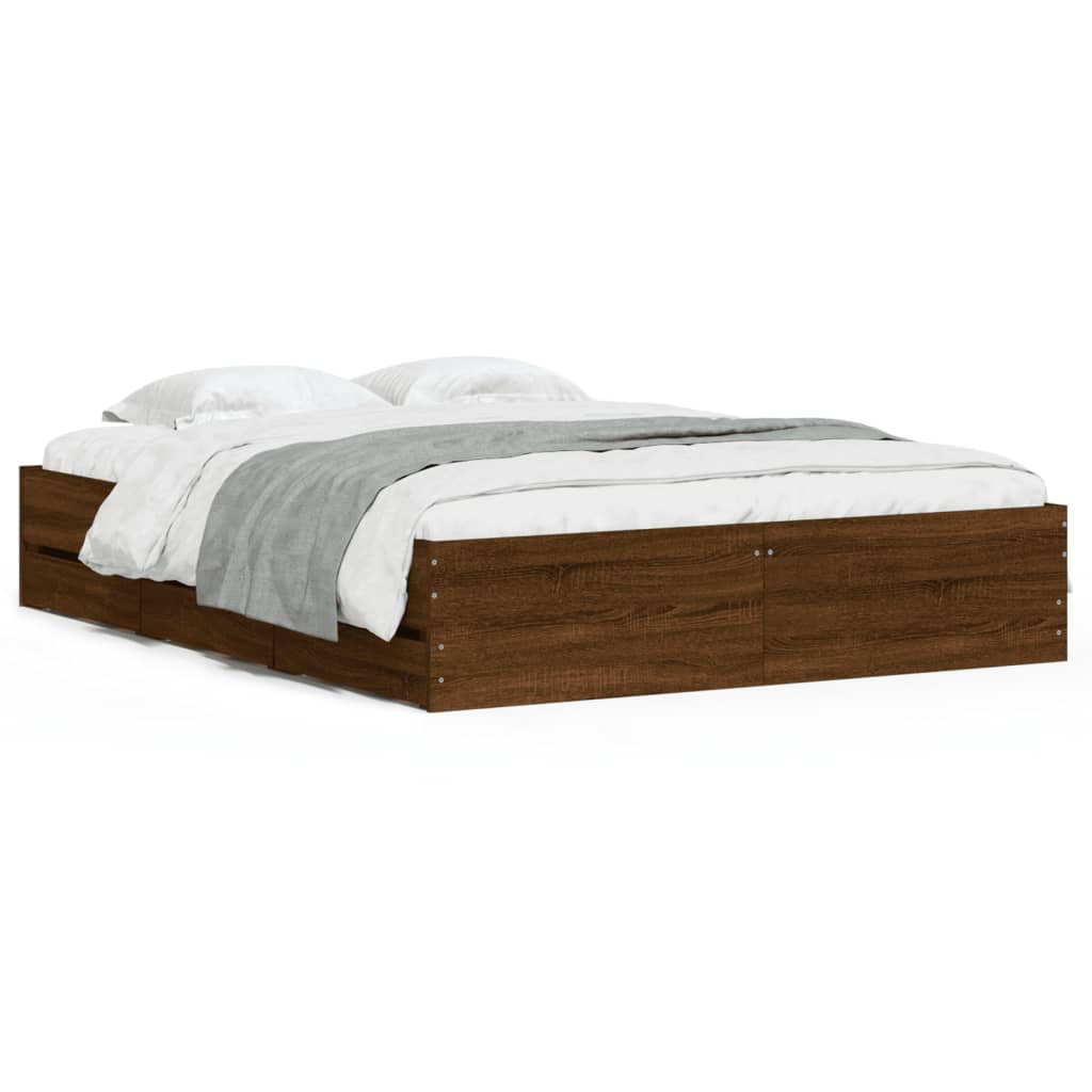 Bed Frame with Drawers without Mattress Brown Oak 140x190 cm