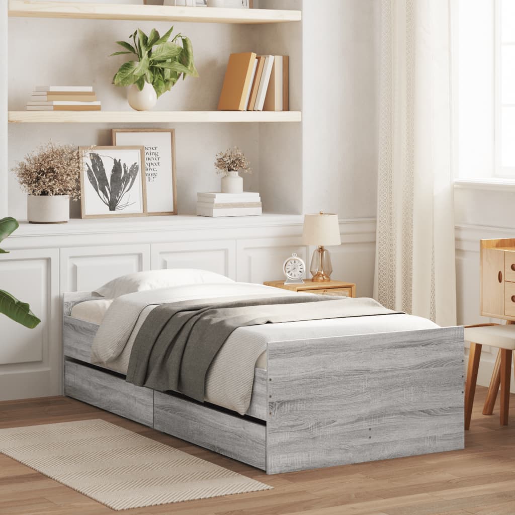Bed Frame with Drawers without Mattress Grey Sonoma 100x200 cm