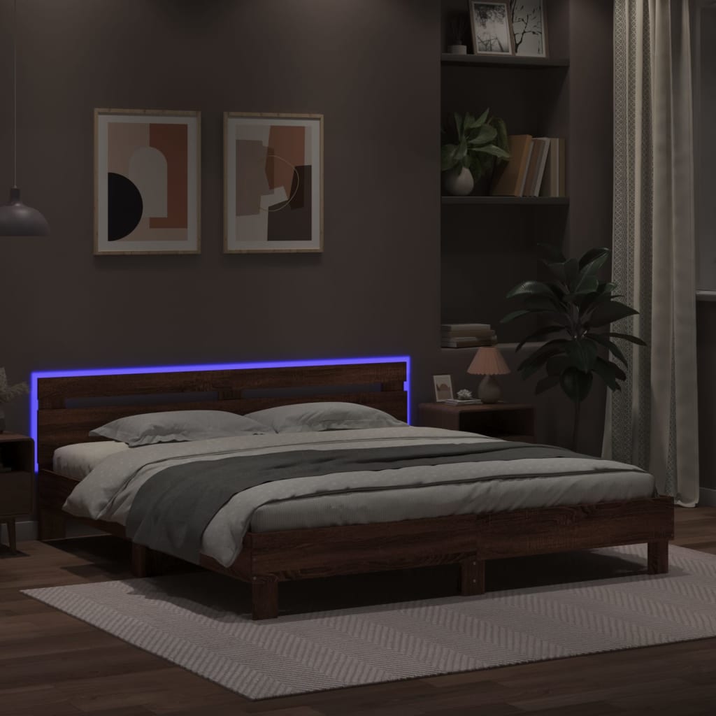 Bed Frame with LED without Mattress Brown Oak 200x200 cm