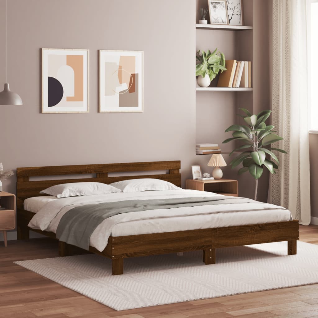 Bed Frame with LED without Mattress Brown Oak 200x200 cm