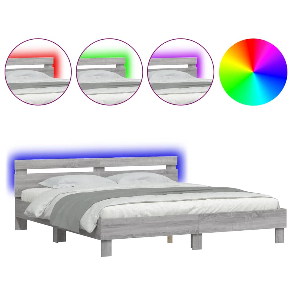Bed Frame with LED without Mattress Grey Sonoma 180x200 cm Super King
