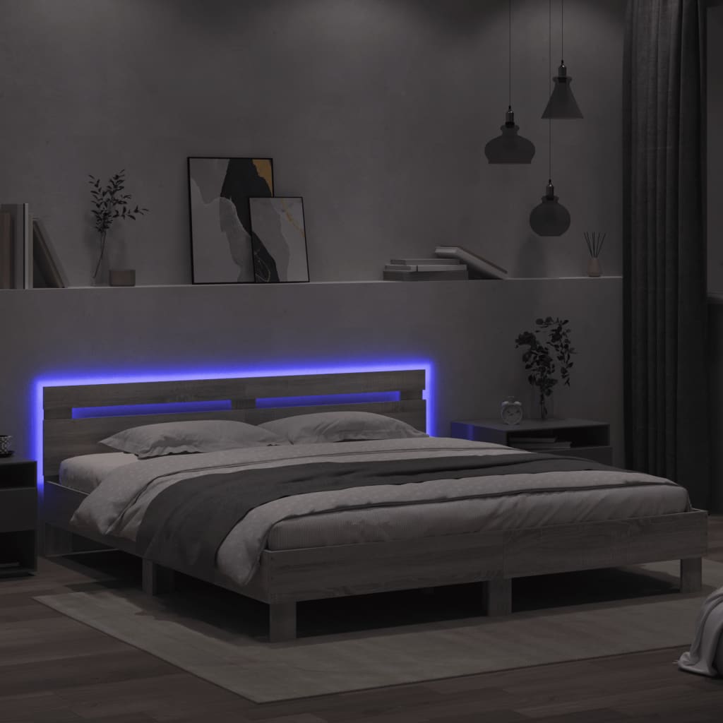Bed Frame with LED without Mattress Grey Sonoma 180x200 cm Super King