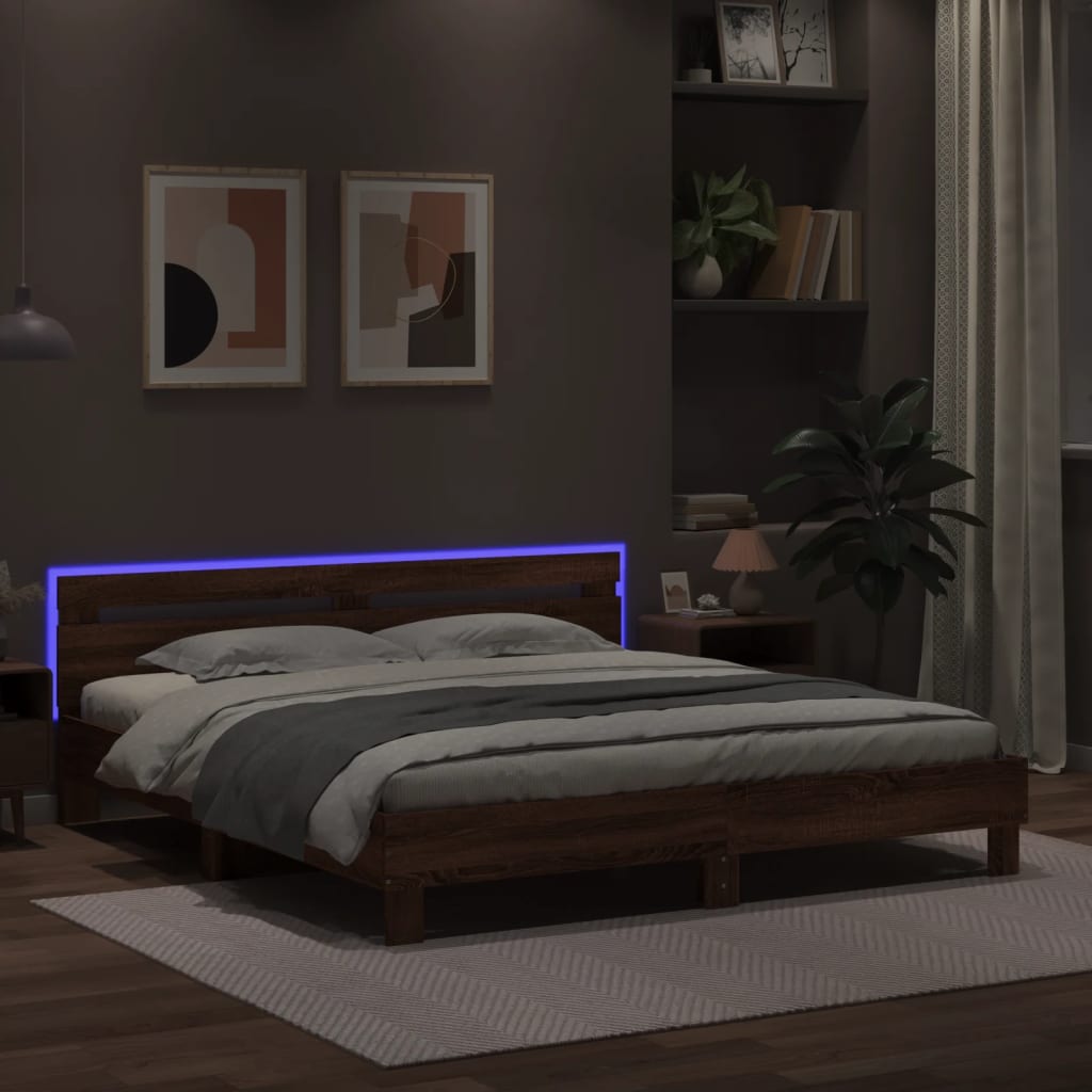 Bed Frame with LED without Mattress Brown Oak 180x200 cm Super King