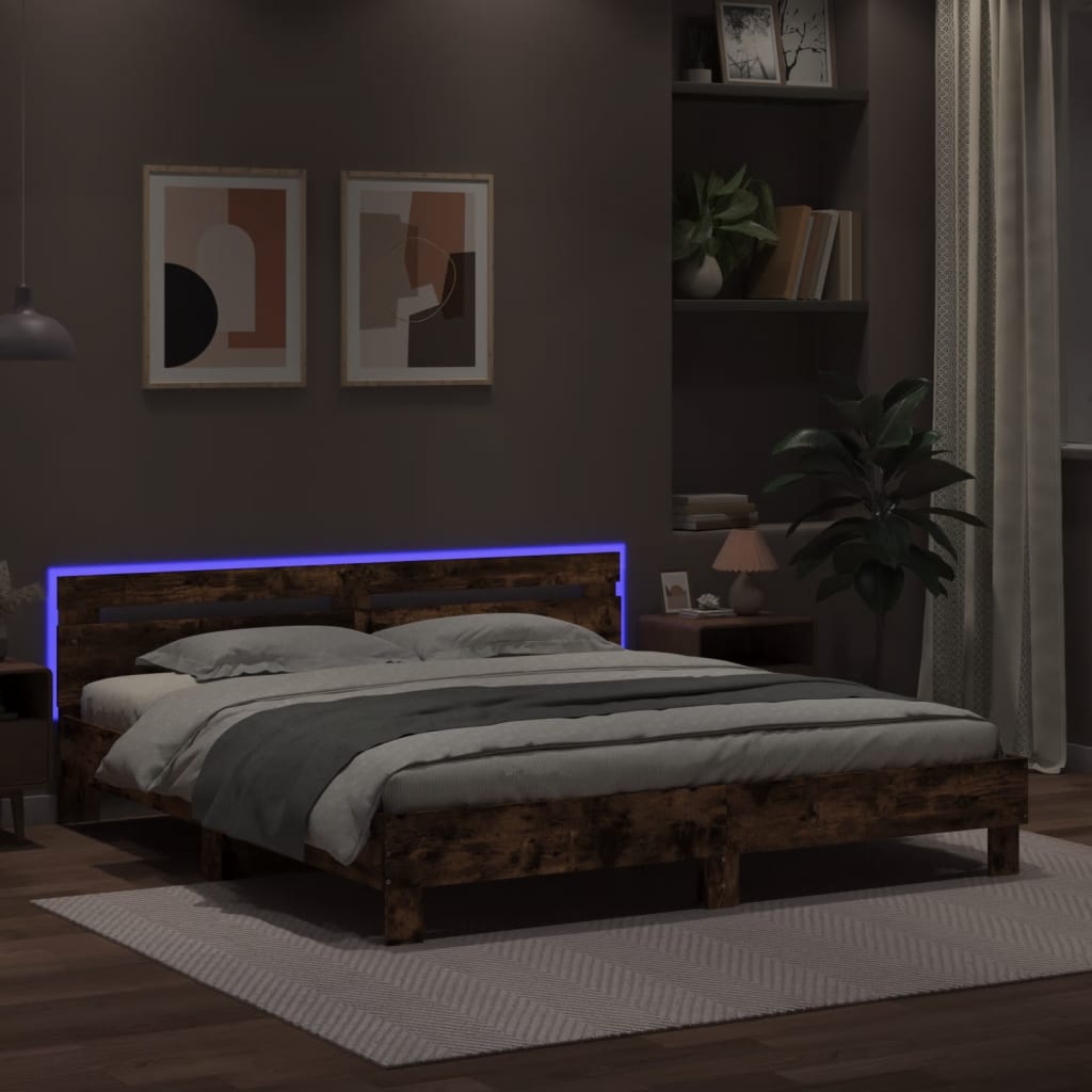 Bed Frame with LED without Mattress Smoked Oak 160x200 cm