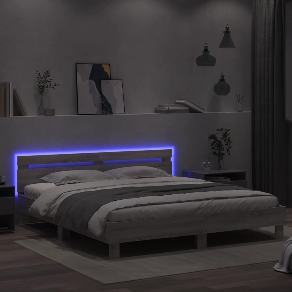 Bed Frame with LED without Mattress Grey Sonoma 160x200 cm