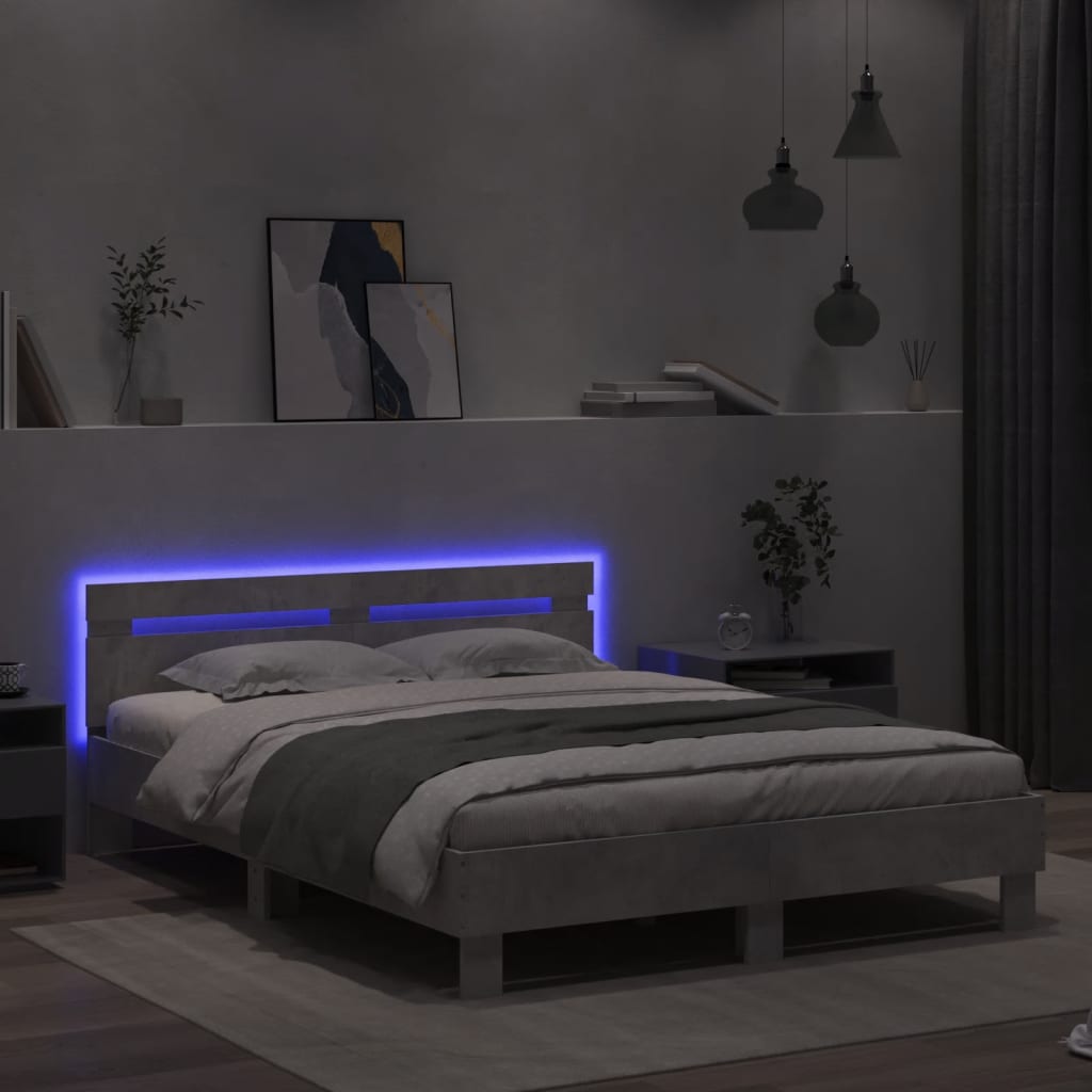 Bed Frame with LED without Mattress Concrete Grey 150x200 cm King Size