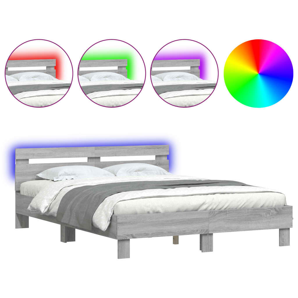 Bed Frame with LED without Mattress Grey Sonoma 150x200 cm King Size