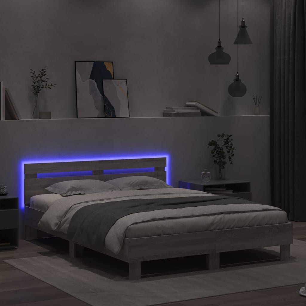 Bed Frame with LED without Mattress Grey Sonoma 150x200 cm King Size