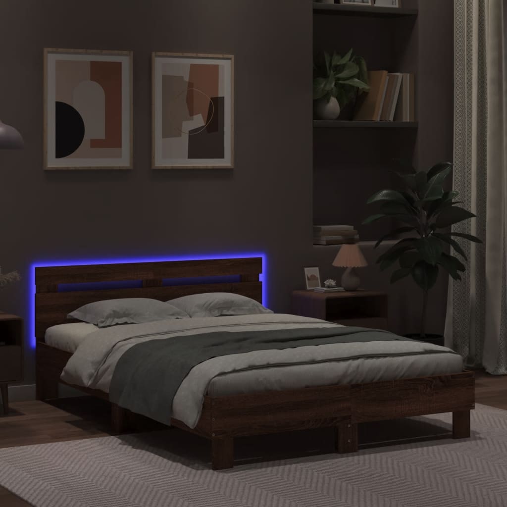 Bed Frame with LED without Mattress Brown Oak 120x200 cm