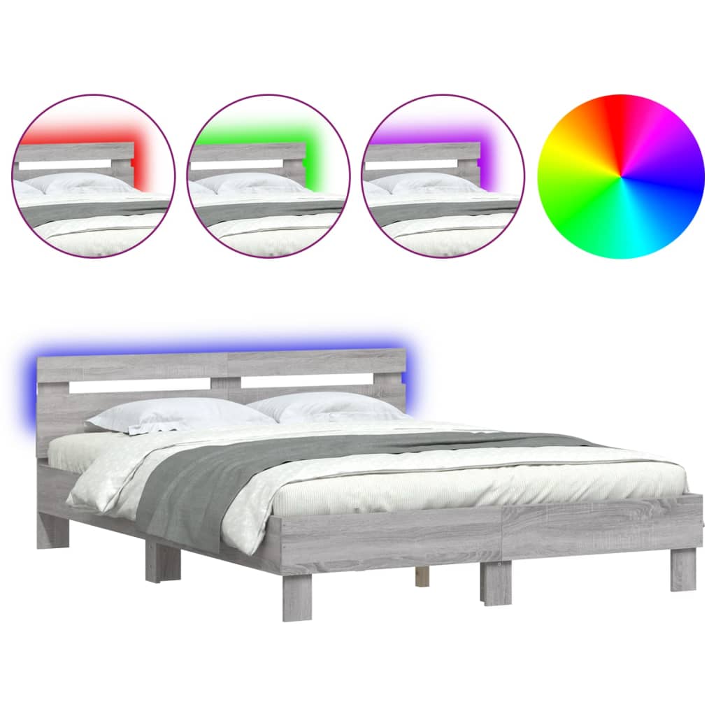 Bed Frame with LED without Mattress Grey Sonoma 140x190 cm