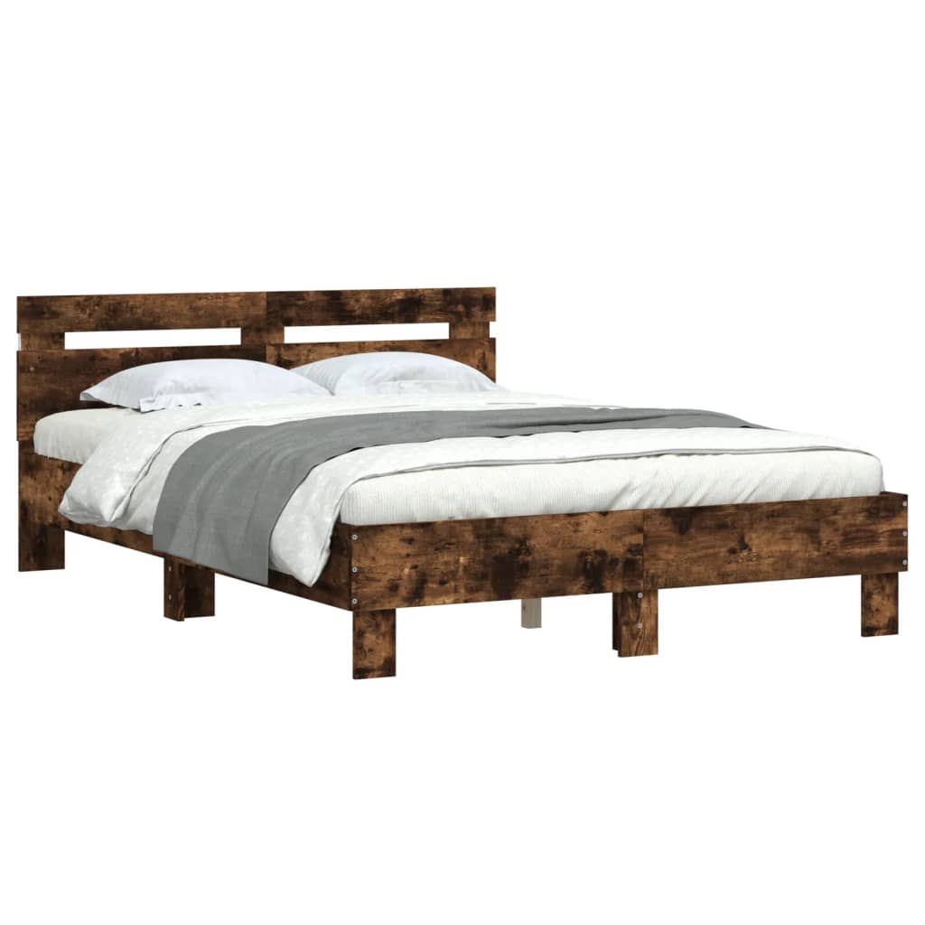 Bed Frame with LED without Mattress Smoked Oak 135x190 cm Double