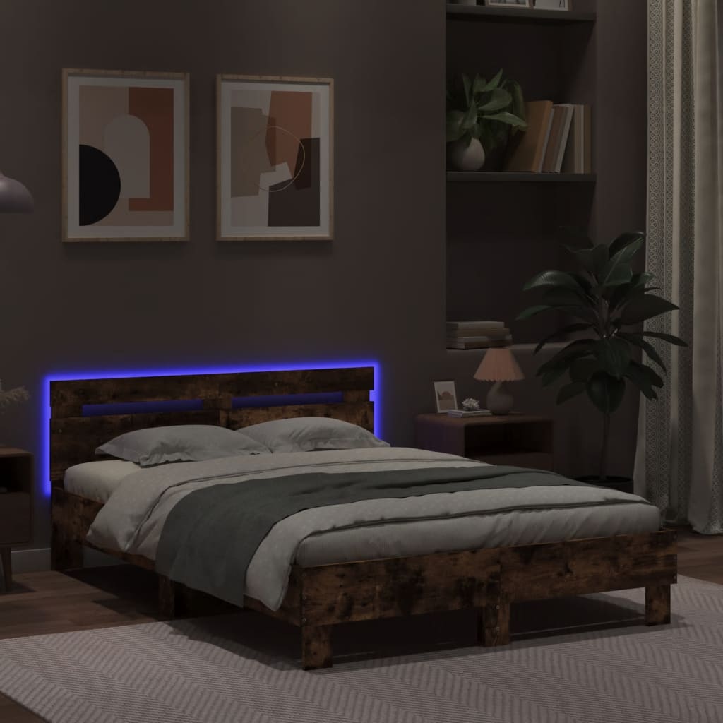 Bed Frame with LED without Mattress Smoked Oak 135x190 cm Double