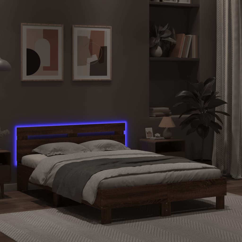 Bed Frame with LED without Mattress Brown Oak 135x190 cm Double
