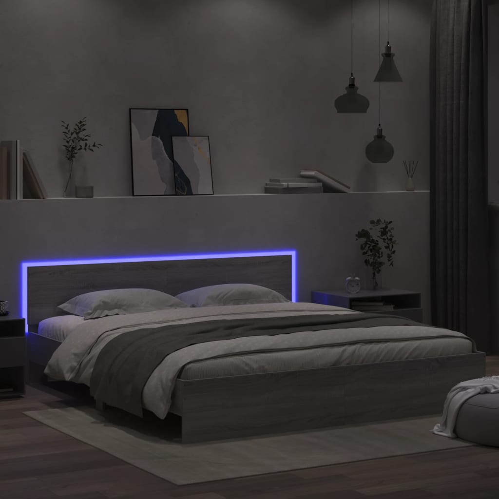 Bed Frame with LED without Mattress Grey Sonoma 180x200 cm Super King