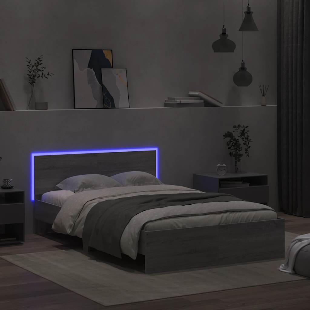Bed Frame with Headboard and LED Grey Sonoma 135x190 cm Double