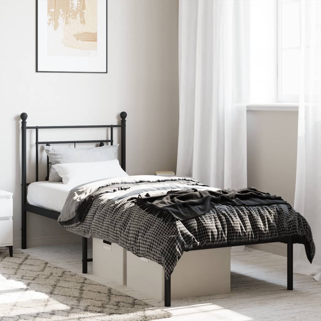 Metal Bed Frame without Mattress with Headboard Black 75x190cm