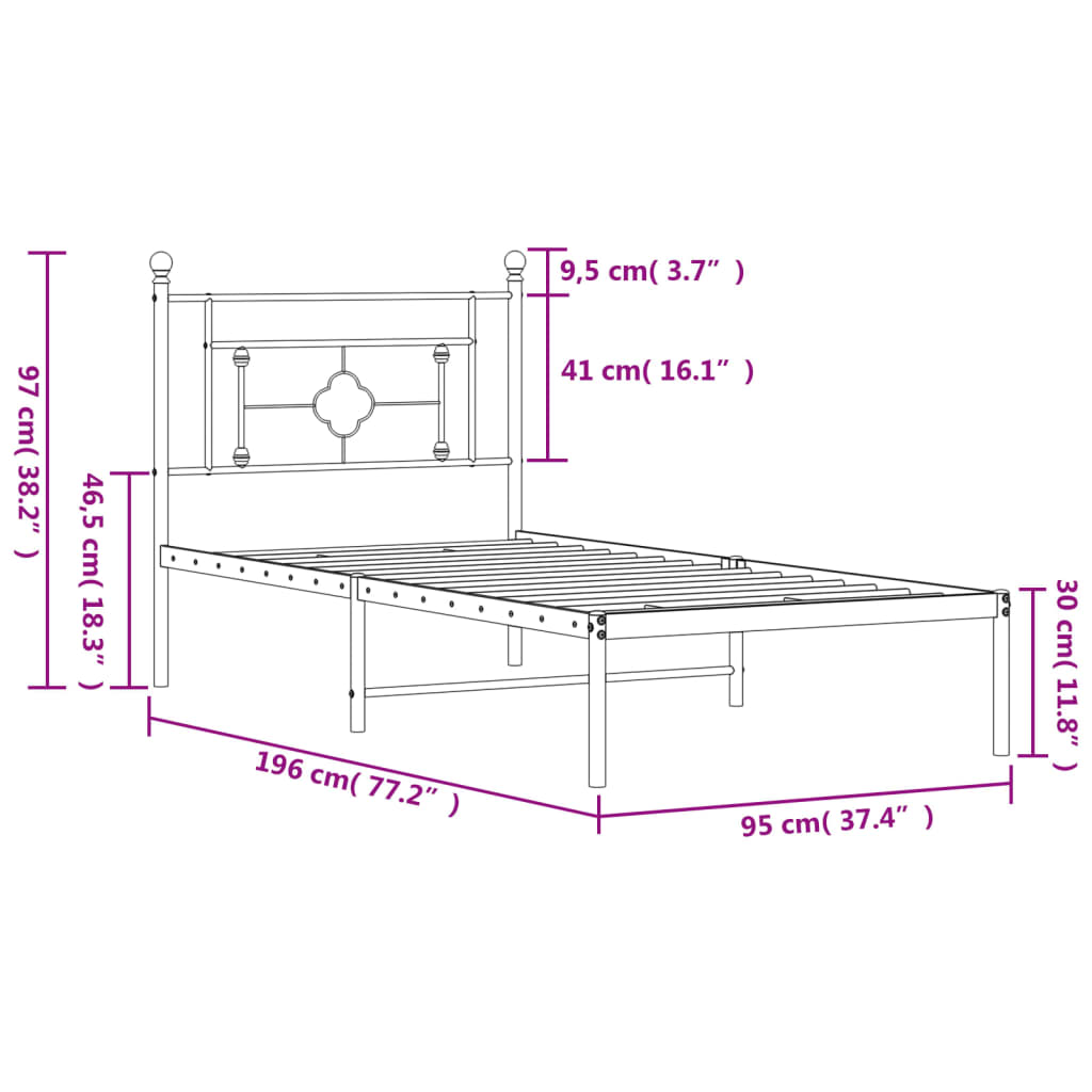 Metal Bed Frame without Mattress with Headboard Black 90x190cm