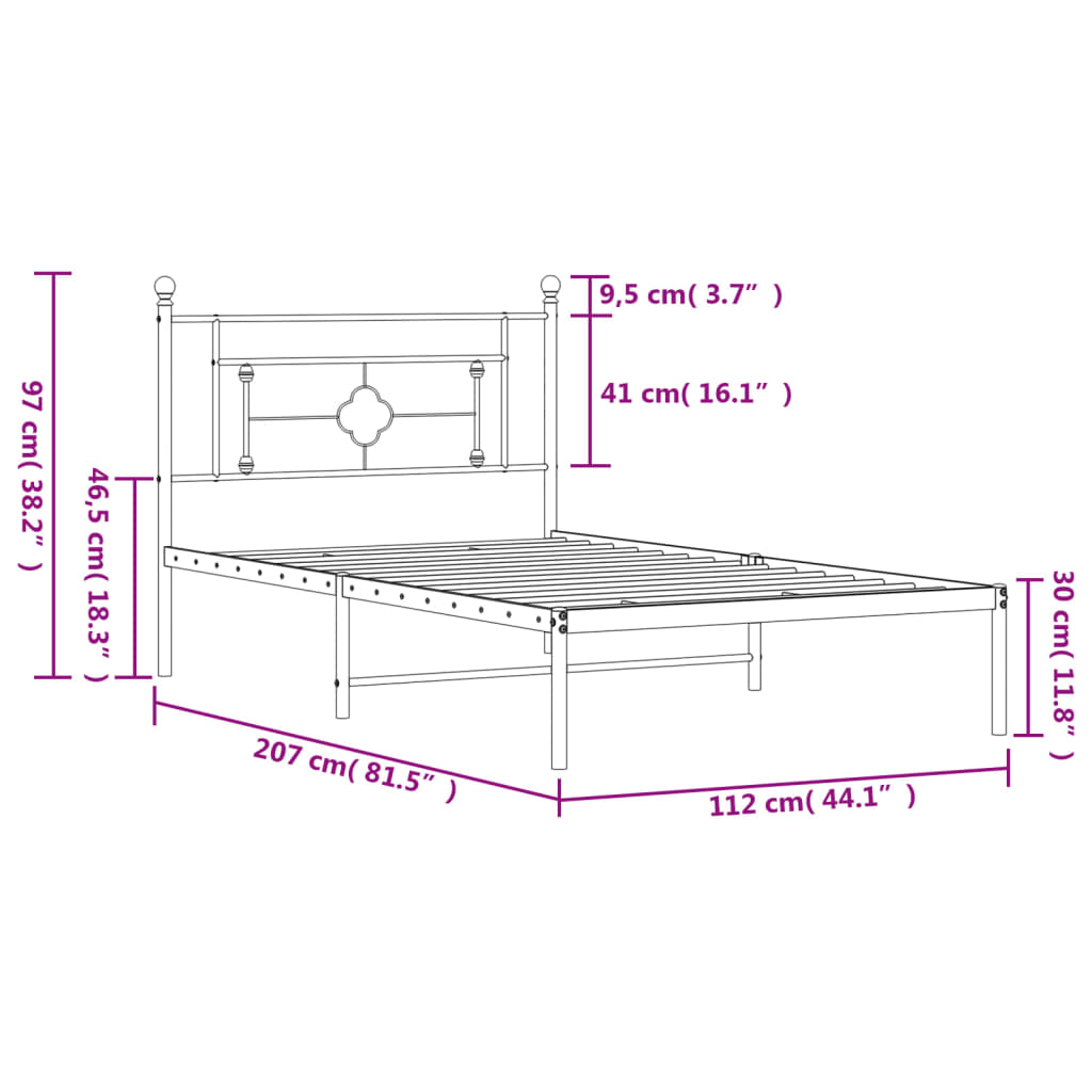 Metal Bed Frame without Mattress with Headboard Black 107x203cm