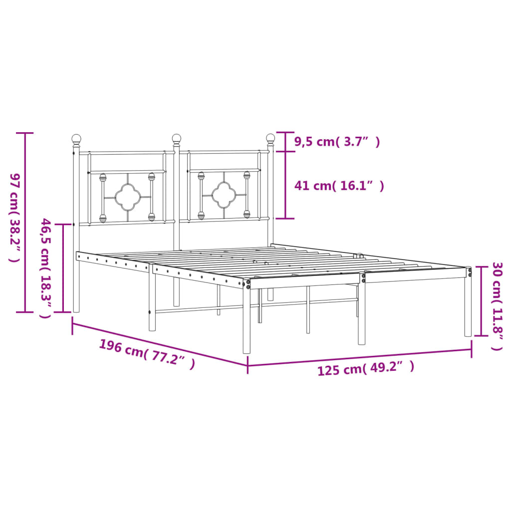 Metal Bed Frame without Mattress with Headboard Black 120x190cm