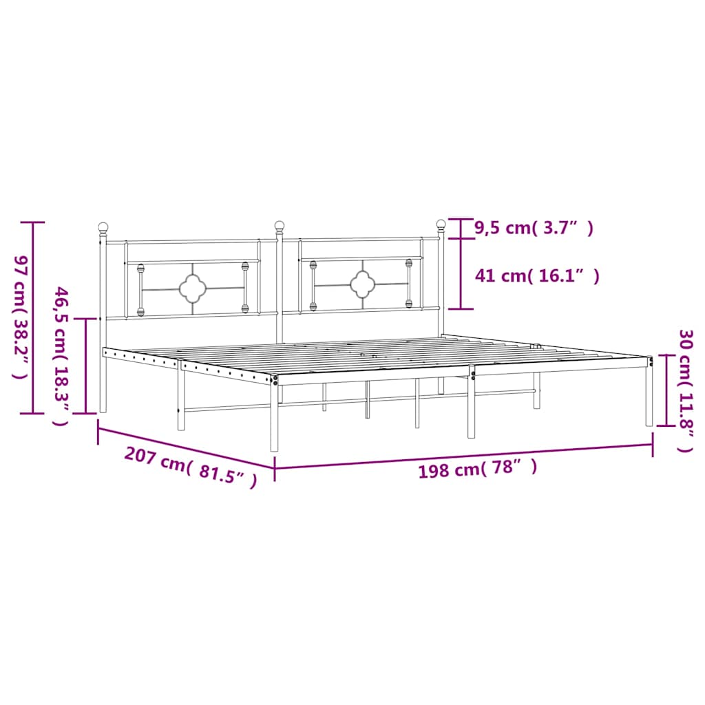 Metal Bed Frame without Mattress with Headboard Black 193x203cm