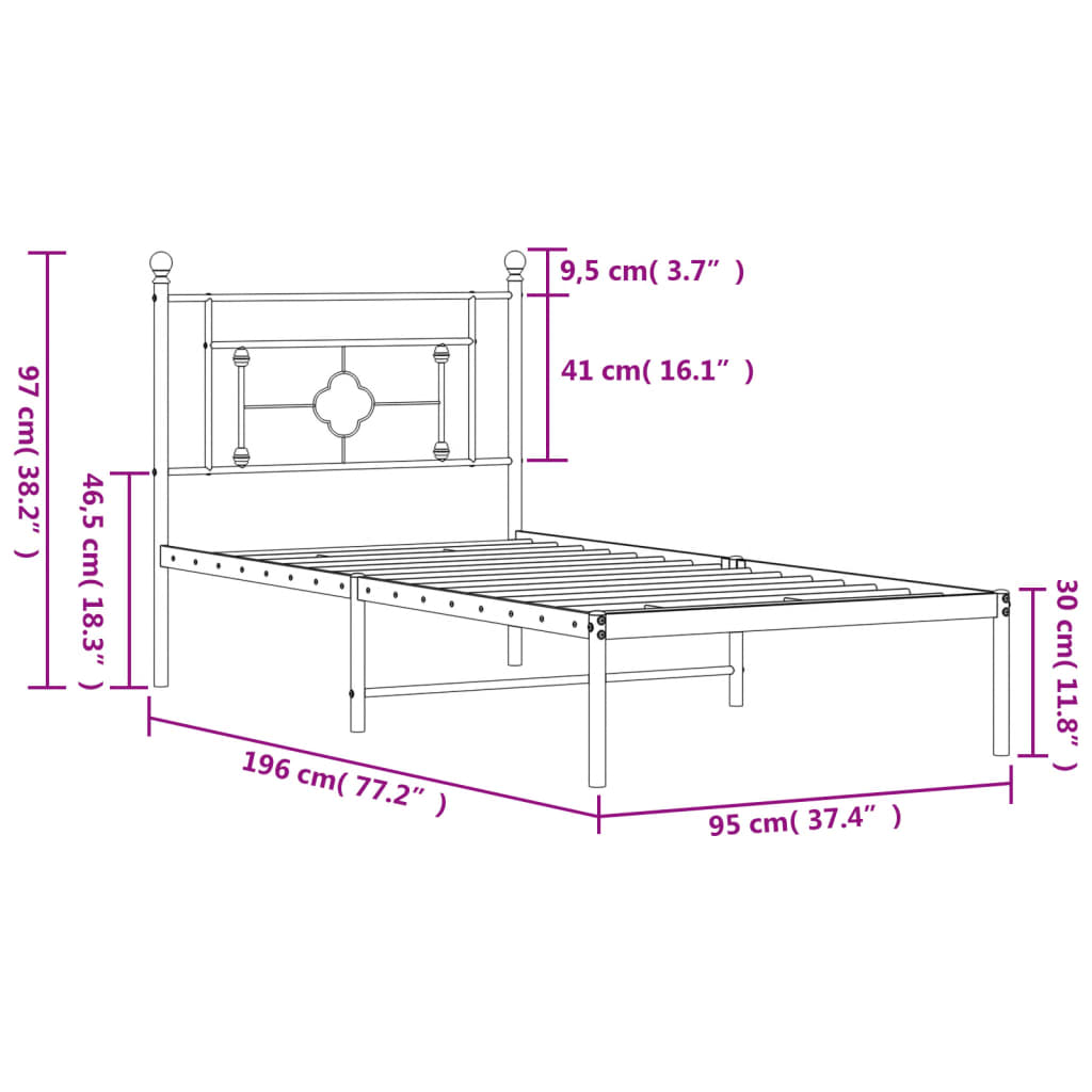 Metal Bed Frame without Mattress with Headboard White 90x190cm