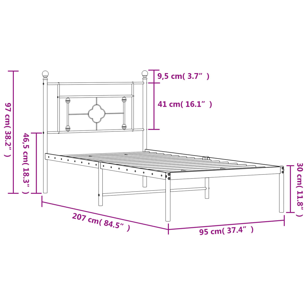 Metal Bed Frame without Mattress with Headboard White 90x200cm