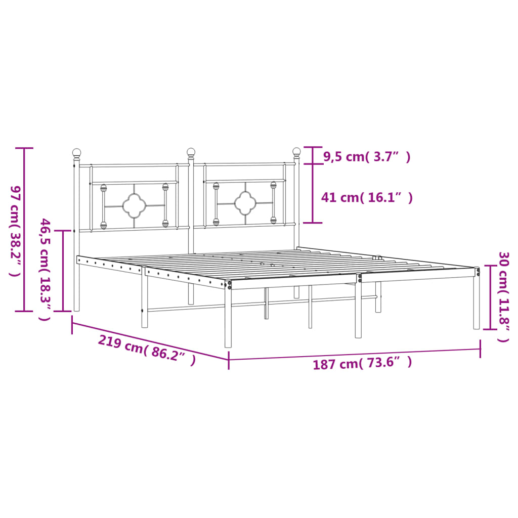 Metal Bed Frame without Mattress with Headboard White 183x213cm