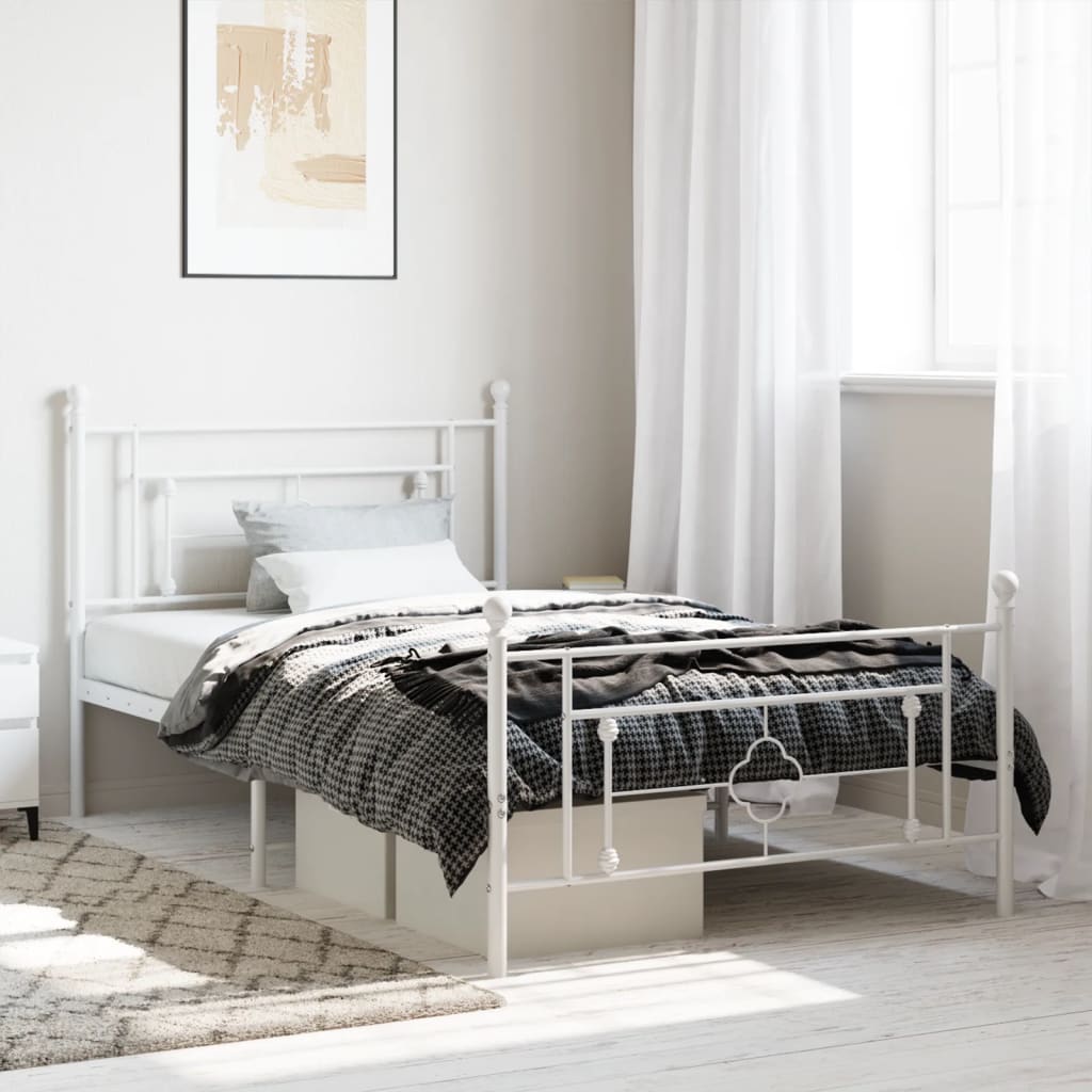 Metal Bed Frame without Mattress with Footboard White 107x203cm