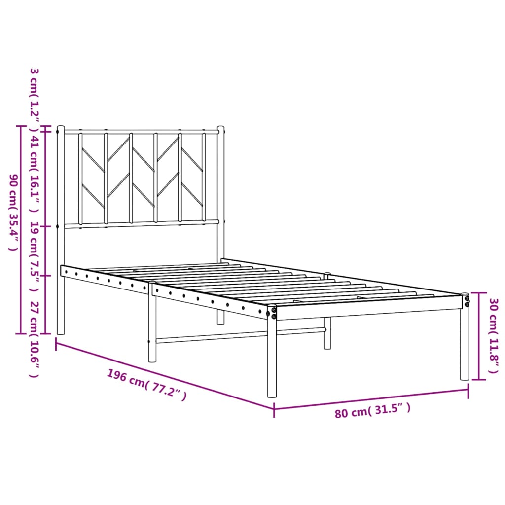 Metal Bed Frame without Mattress with Headboard Black 75x190cm
