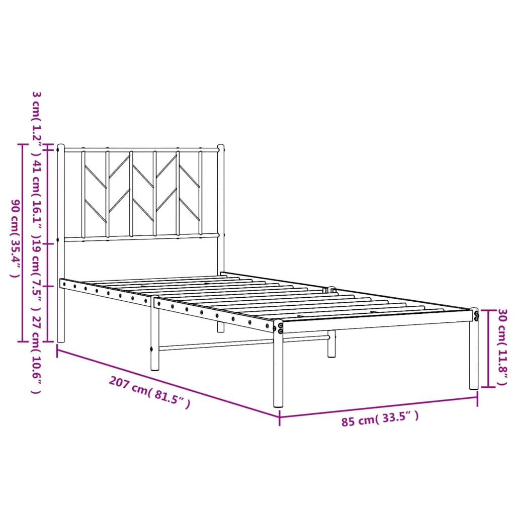 Metal Bed Frame without Mattress with Headboard Black 80x200cm
