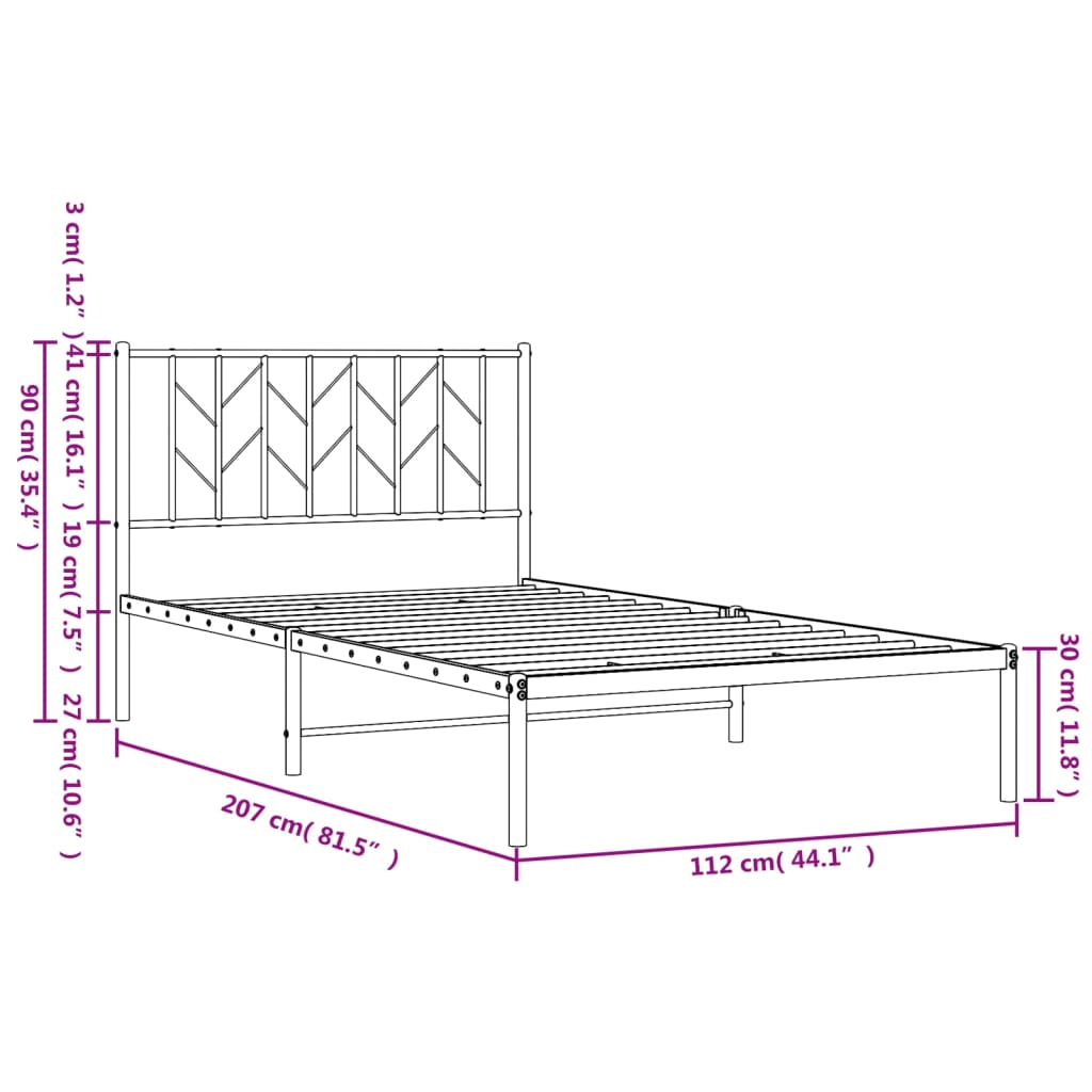Metal Bed Frame without Mattress with Headboard Black 107x203cm