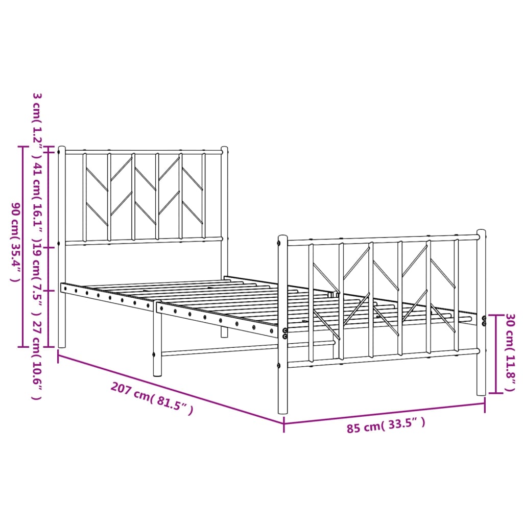 Metal Bed Frame without Mattress with Footboard Black 80x200cm