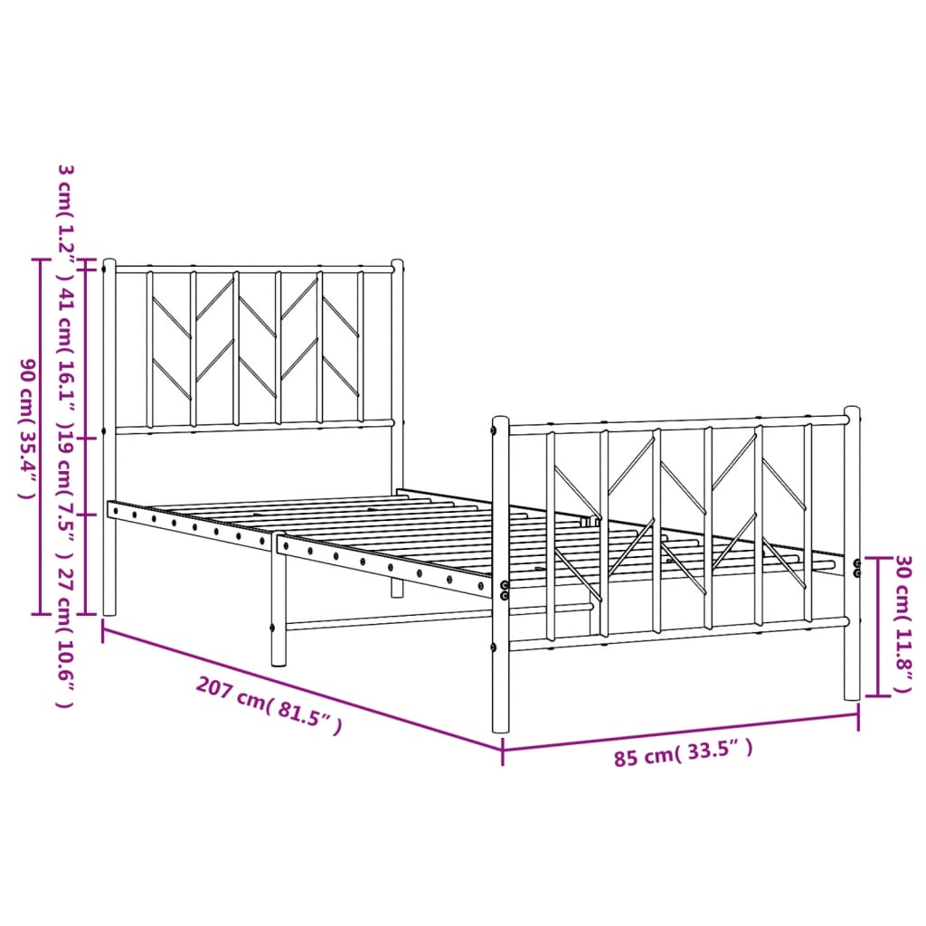 Metal Bed Frame without Mattress with Footboard White 80x200cm