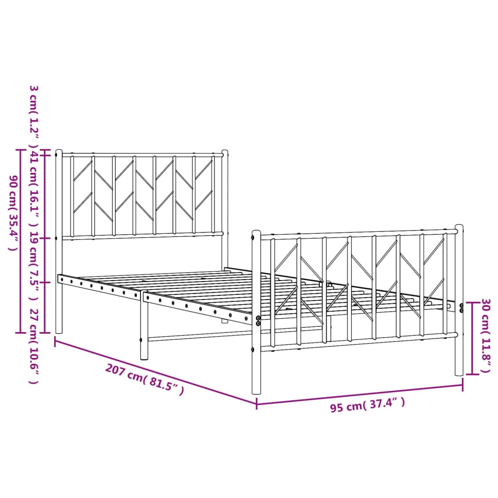 Metal Bed Frame without Mattress with Footboard White 90x200cm