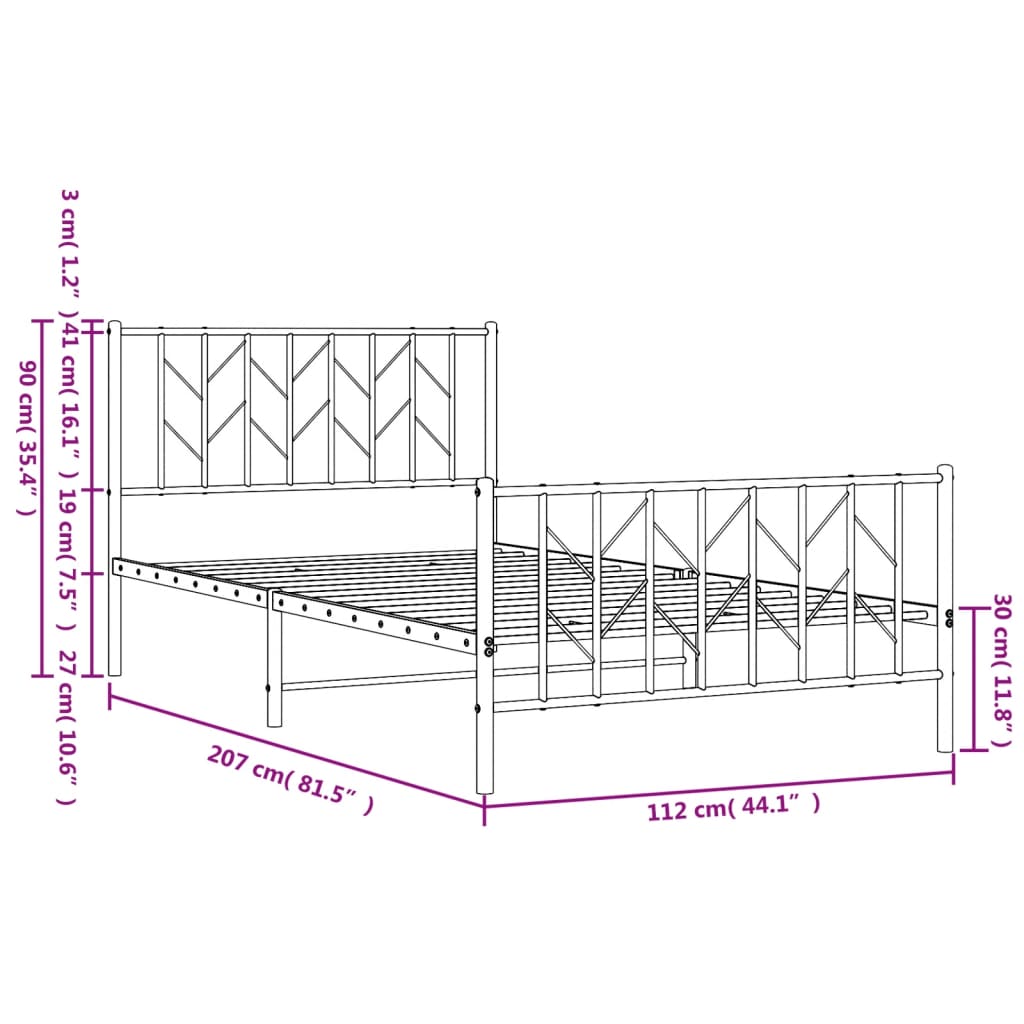 Metal Bed Frame without Mattress with Footboard White 107x203cm